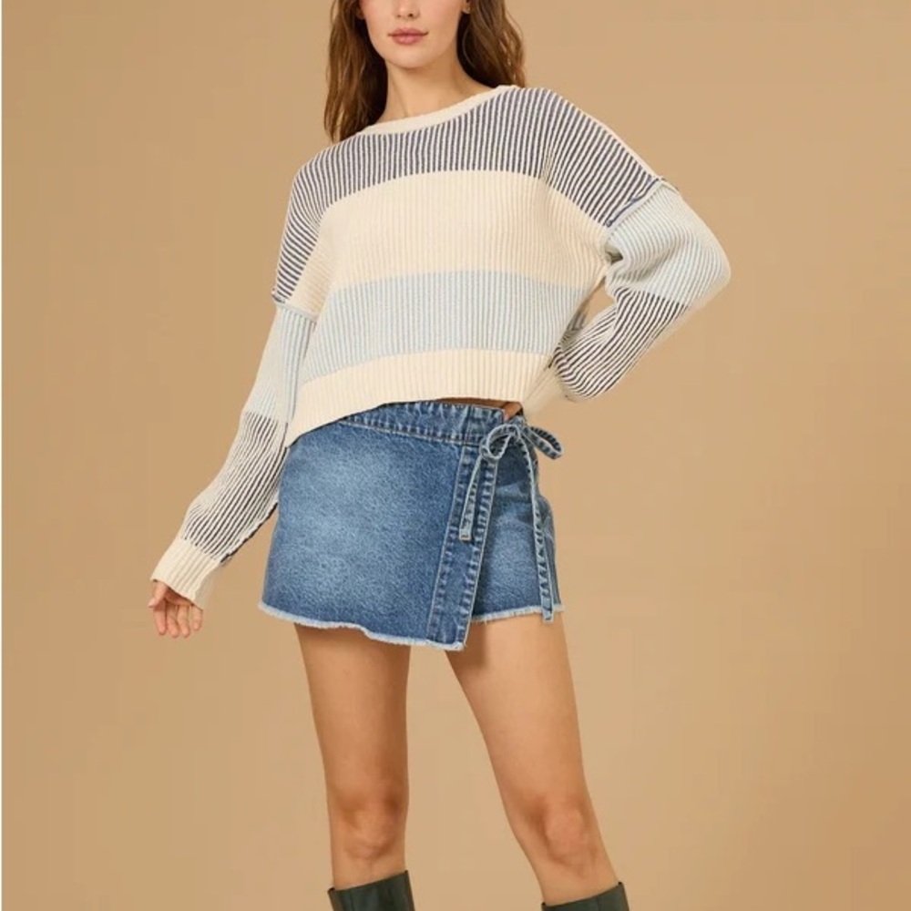 Altar'd State Cream, Light Blue & Navy Striped Cropped Sweater